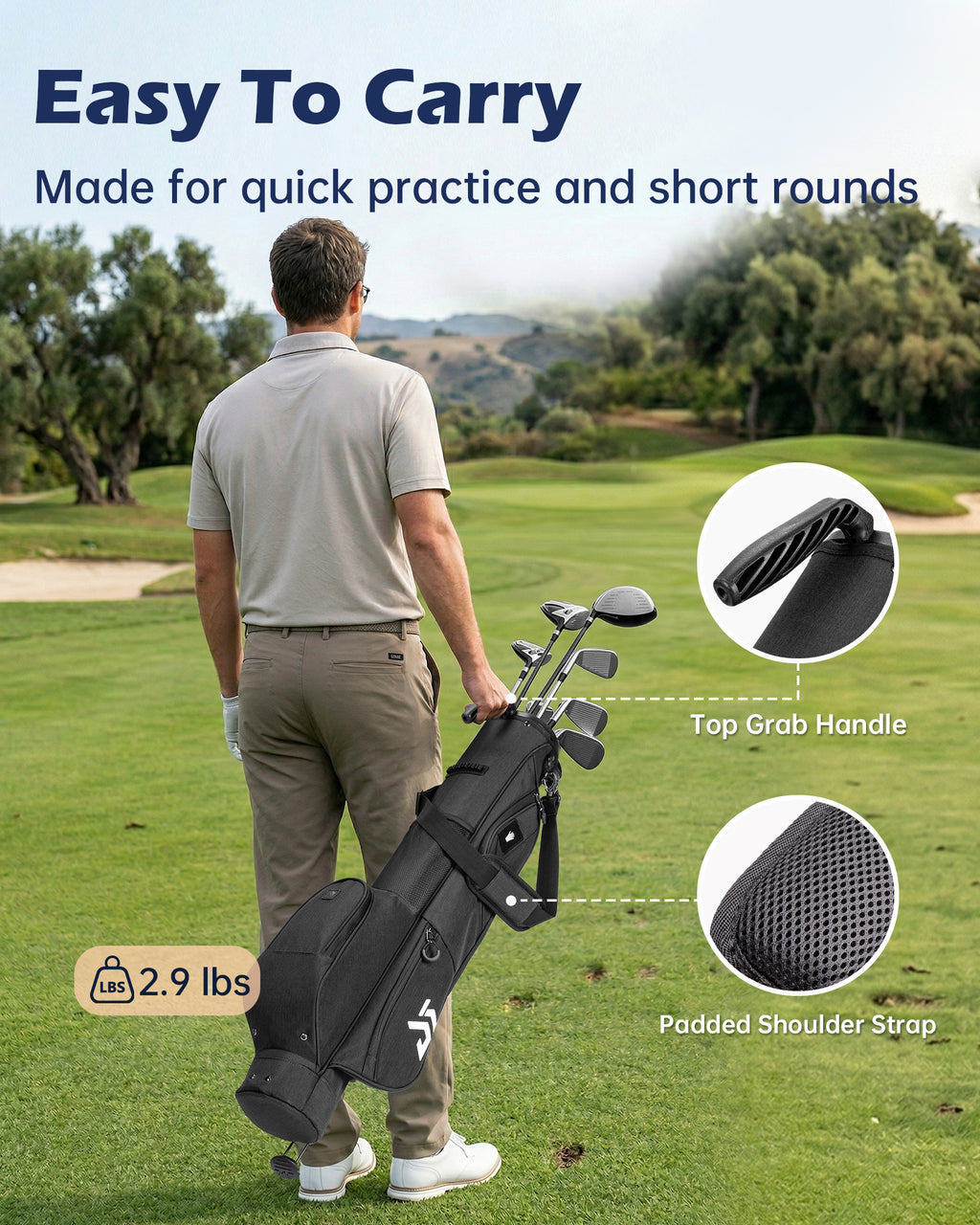 Dragon Tiger Vista Range Sunday Bag – Lightweight 3-Way Golf Bag for Practice & Short Rounds,Black