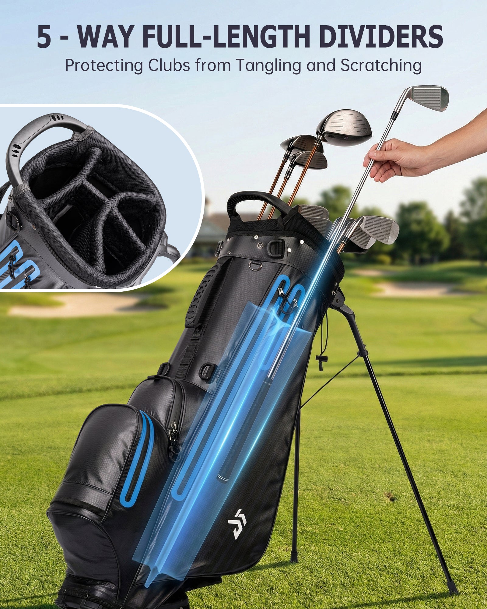 Dragon tiger Origin Carry Stand Bag – Water-Resistant 5-Way Golf Bag, Black with Blue Reflective Strips