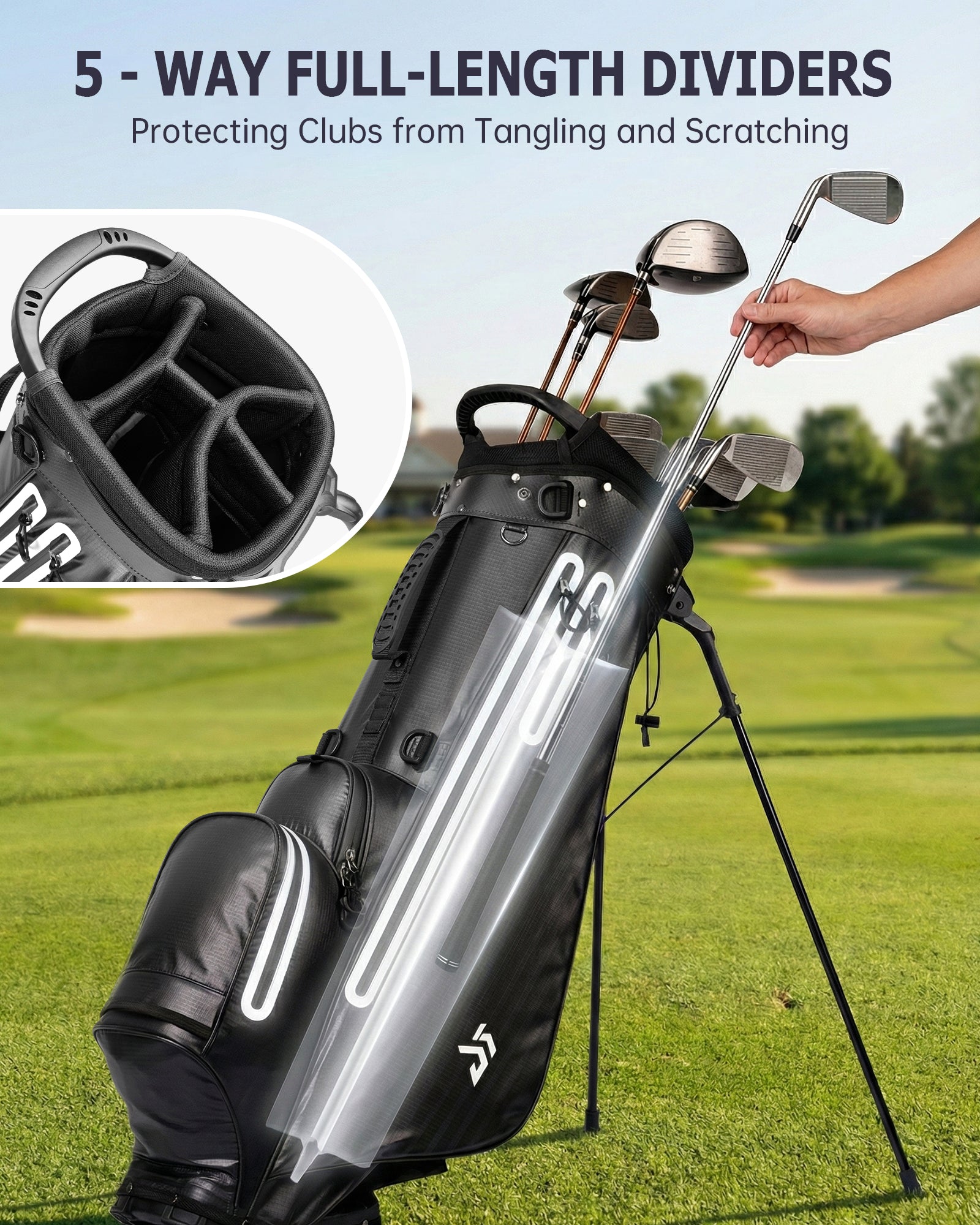 Dragon tiger Origin Carry Stand Bag – Water-Resistant 5-Way Golf Bag, Black with White Reflective Strips