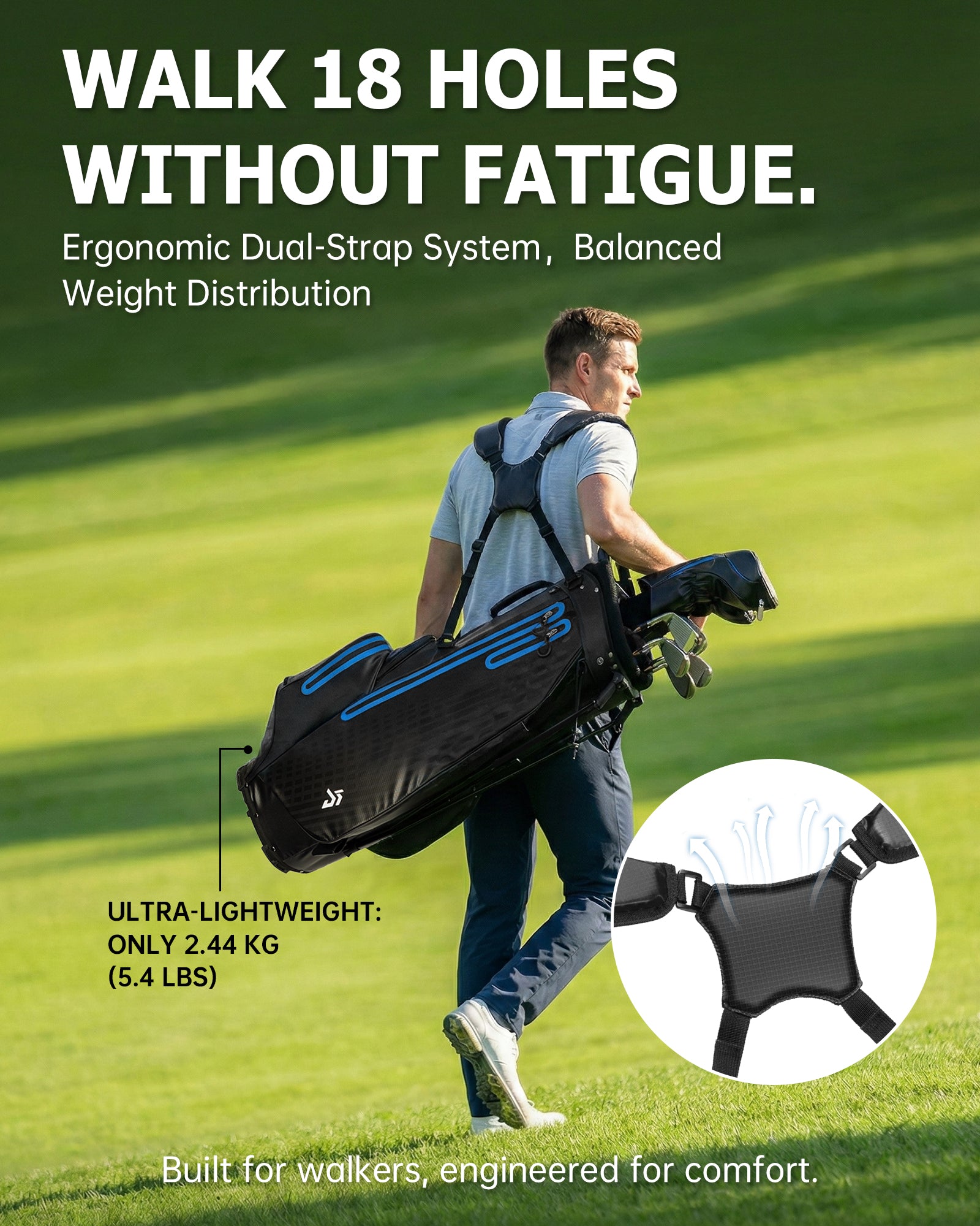 Dragon tiger Origin Carry Stand Bag – Water-Resistant 5-Way Golf Bag, Black with Blue Reflective Strips