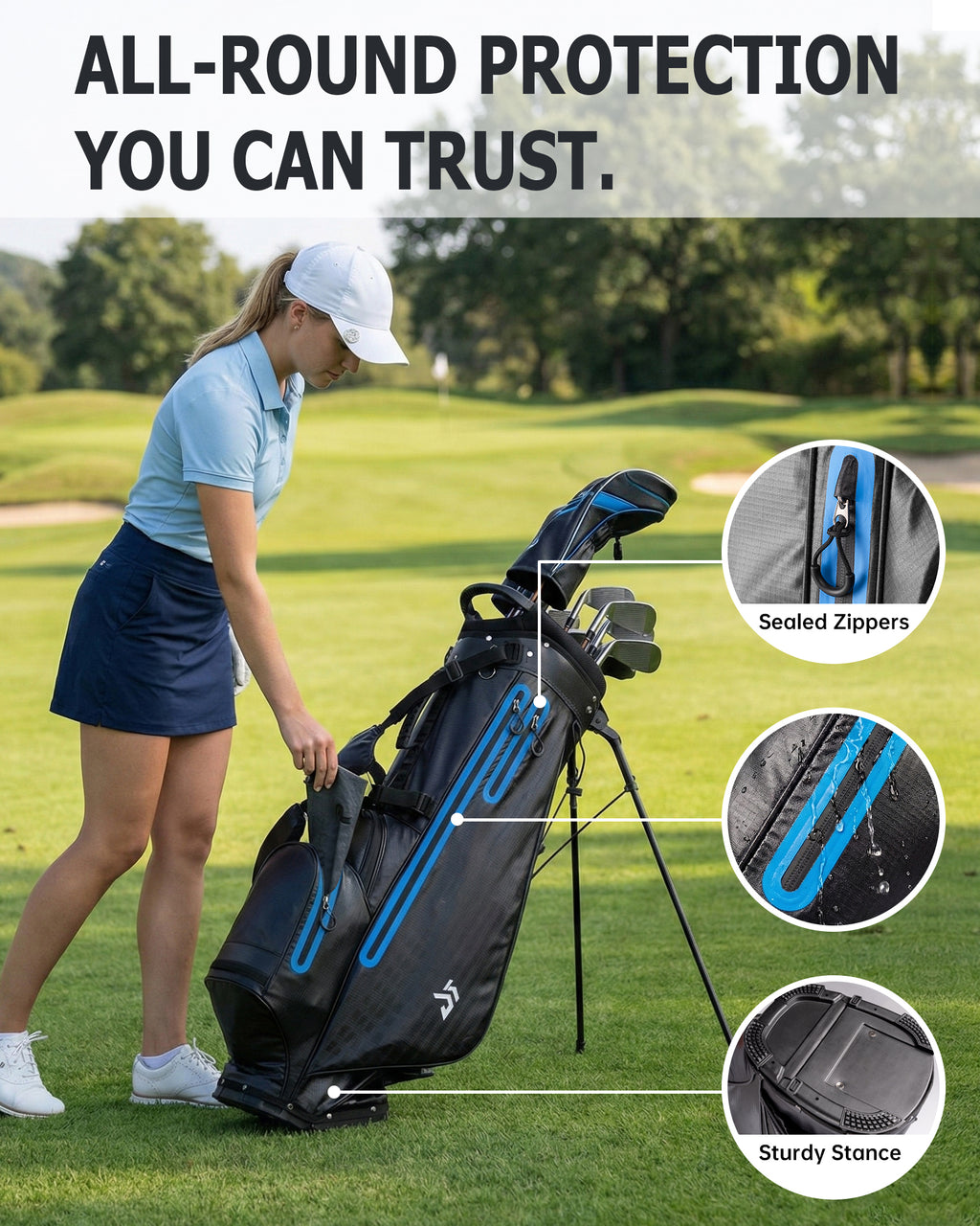 Dragon tiger Origin Carry Stand Bag – Water-Resistant 5-Way Golf Bag, Black with Blue Reflective Strips