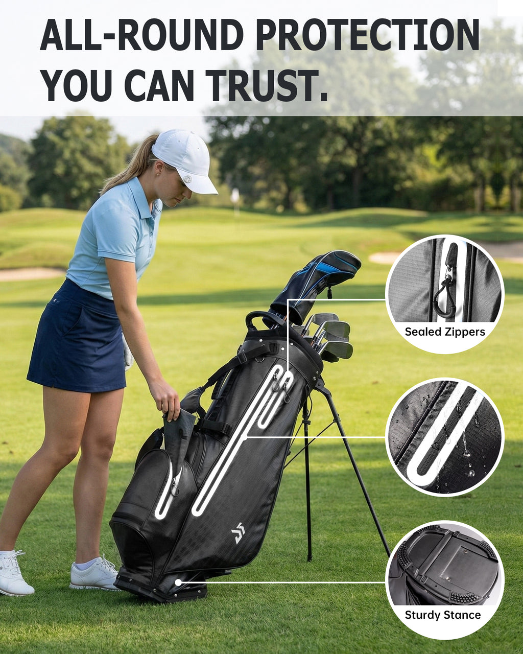 Dragon tiger Origin Carry Stand Bag – Water-Resistant 5-Way Golf Bag, Black with White Reflective Strips