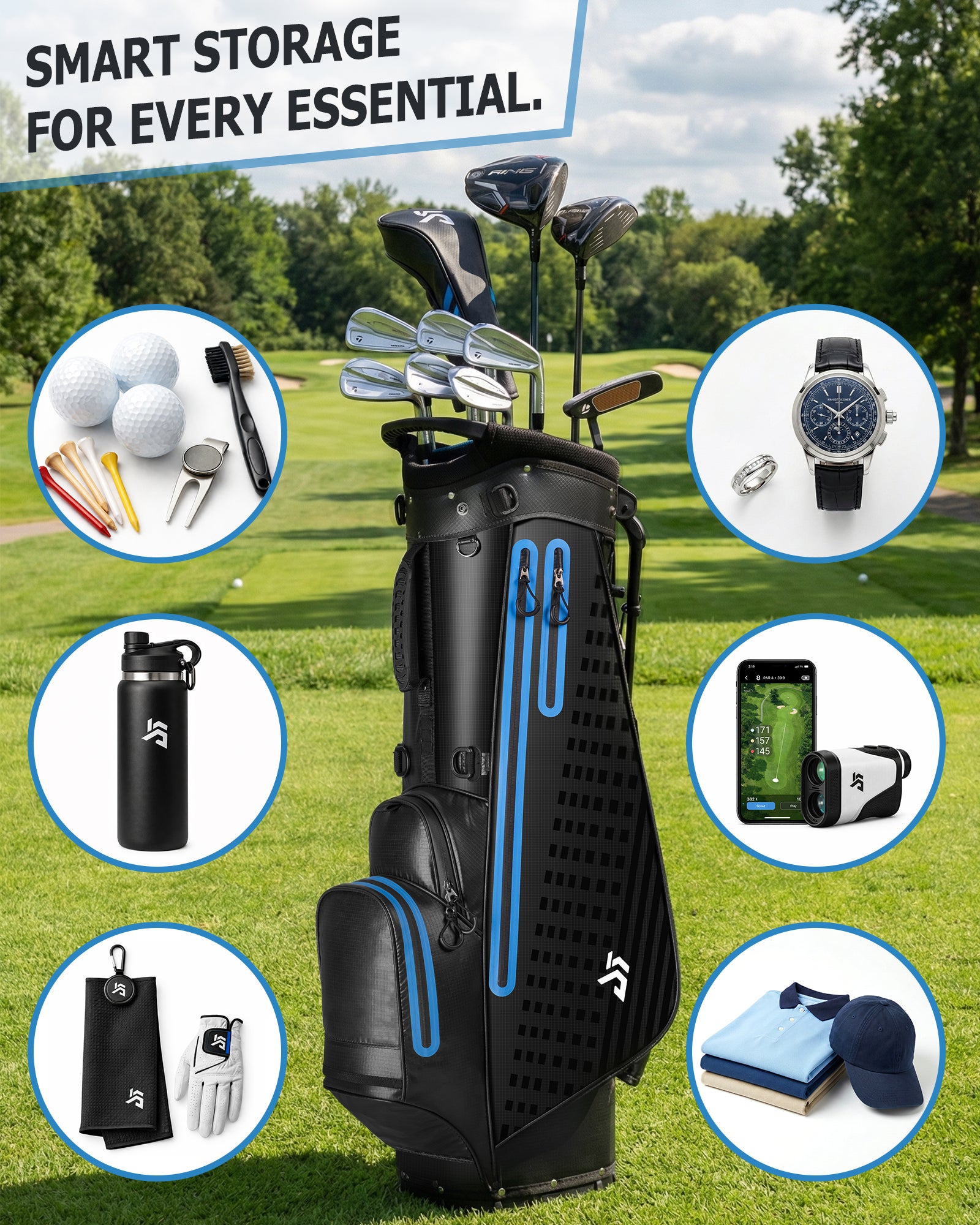 Dragon tiger Origin Carry Stand Bag – Water-Resistant 5-Way Golf Bag, Black with Blue Reflective Strips