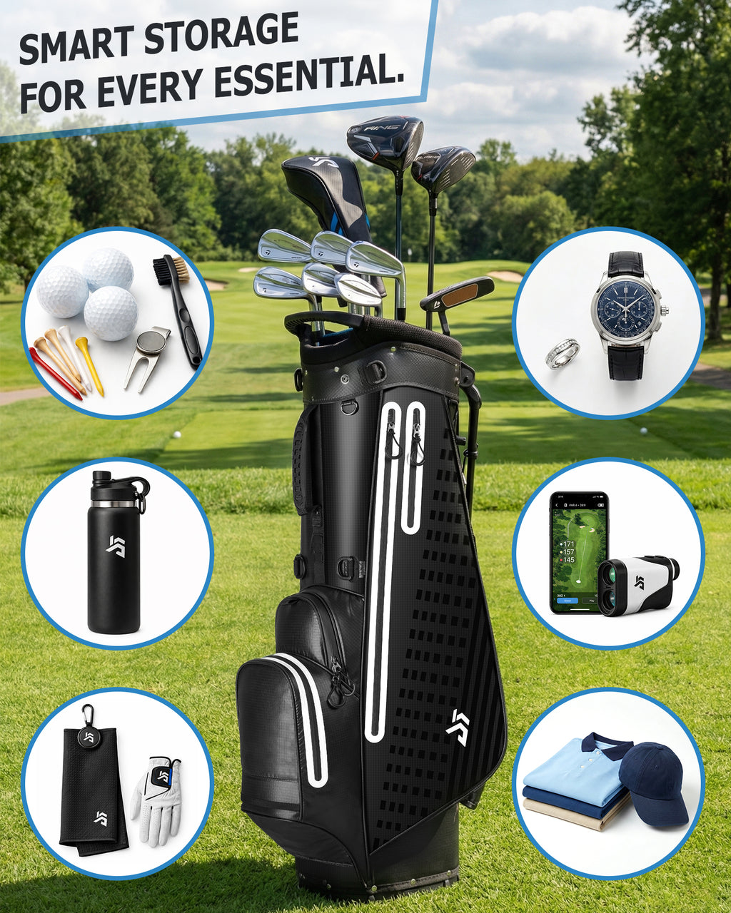 Dragon tiger Origin Carry Stand Bag – Water-Resistant 5-Way Golf Bag, Black with White Reflective Strips