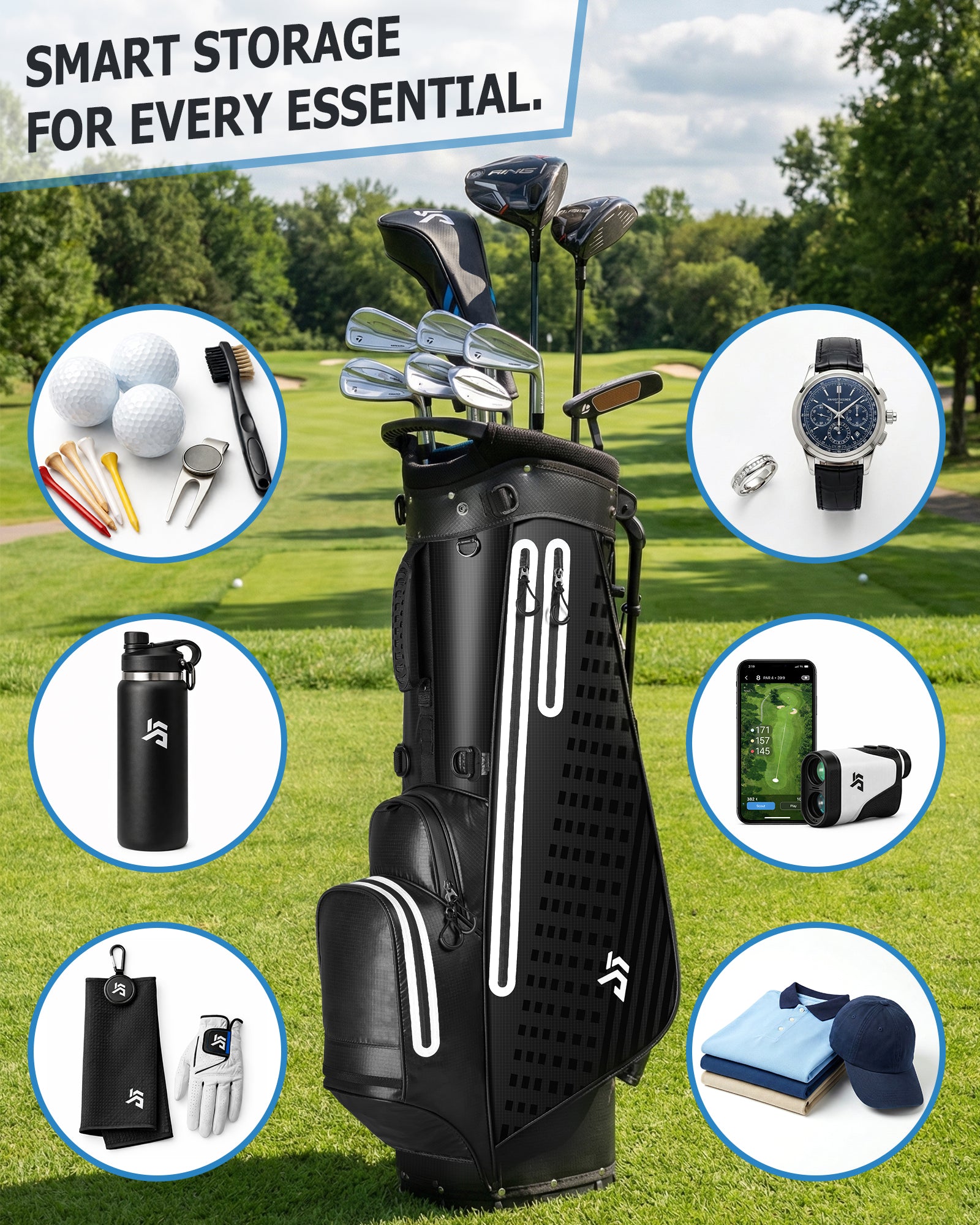 Dragon tiger Origin Carry Stand Bag – Water-Resistant 5-Way Golf Bag, Black with White Reflective Strips