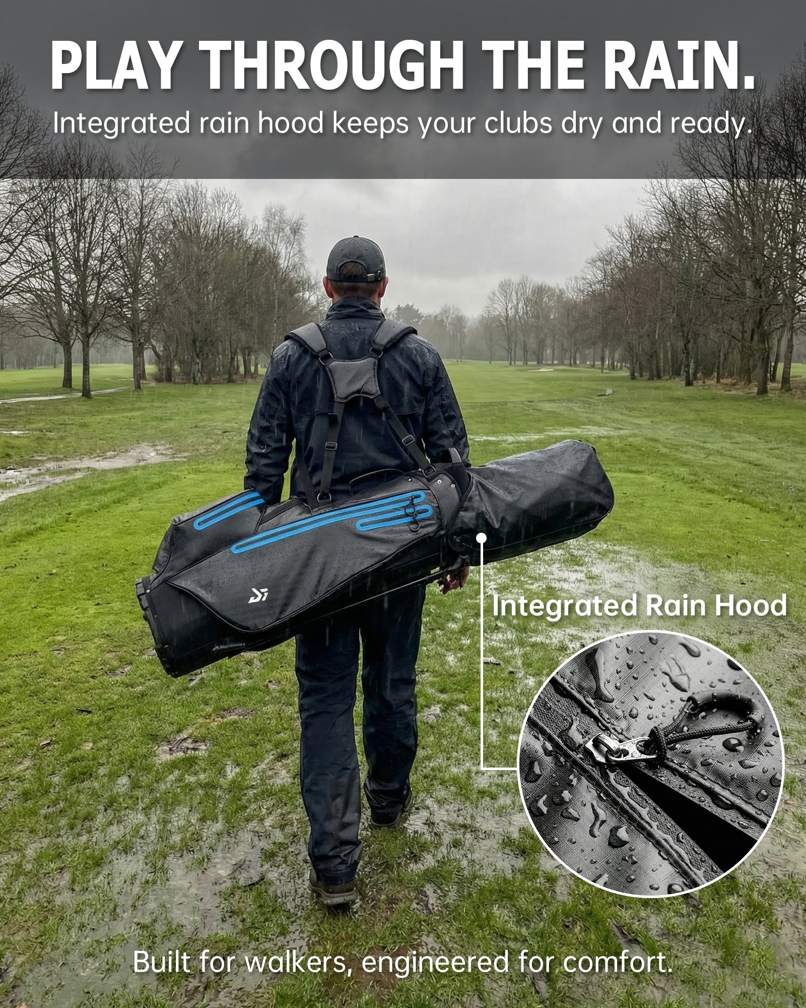 Dragon tiger Origin Carry Stand Bag – Water-Resistant 5-Way Golf Bag, Black with Blue Reflective Strips
